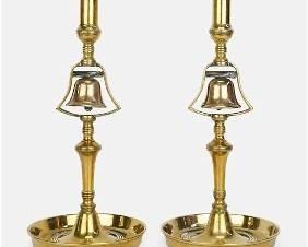 Pair of Polished Antique Brass Bells Tavern Candlesticks

