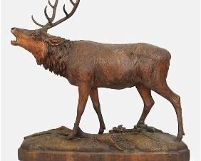 Fine Antique Carved Wood and Bronze Black Forest Calling Elk Statue Figurine
