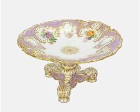 19thC Hand Painted Victorian Porcelain Tri-Footed Tazza Compote
