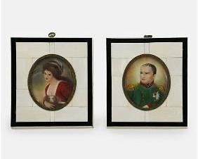 Two Antique Signed Miniature Watercolor Portrait Paintings of Napoleon and Josephine
