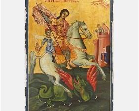 Antique Painted Wood Greek Icon St. George & The Dragon 1877
