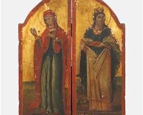Antique 18thC Greek Diptych Icon of Mary & Anna Two Painted Wood Panels
