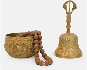 Tibetan Brass Bell, Offering Bowl, and Prayer Beads
