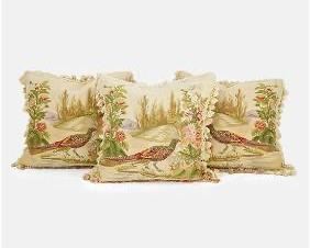 Three French Aubusson Pheasant Tapestry Pillows
