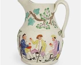 Antique Staffordshire Folk Art Embossed Pottery Pitcher
