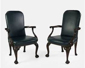 Pair Georgian Style Carved Mahogany Blue Lolling Armchairs
