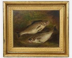 Antique Still Life Painting "Fish on Mossy Bank" Framed Oil on Canvas
