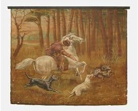 Large Antique Tapestry Painting Wild Boar Hunting Greek Key Metal Bar Wall Hanging Mount
