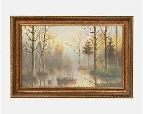 1927 Old Eastern European Oil on Canvas Painting Wetland Forest
