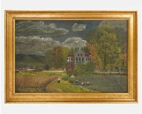 Antique Folk Art Painting Plantation House Lake Picnic
