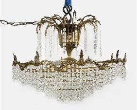 Large Mid 20thC Brass and Crystal Glass Birthday Cake Chandelier Ceiling Fixture
