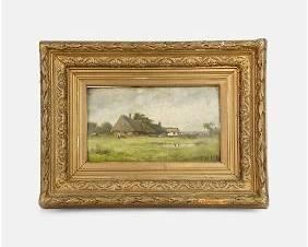 Antique Mid 19thC Signed Oil on Panel Framed Cottage Landscape Painting
