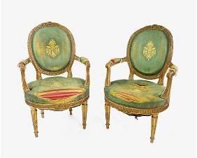 Antique Mid-19thC French Louis XVl Carved Giltwood Bergere Arm Chairs
