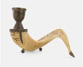 Vintage 20thC Rams Horn Candle Holder w/Brass Mounts
