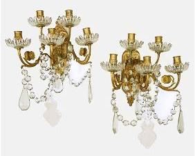 Pair Fine Early 20thC French Gilt Bronze and Cut Glass Wall Sconces
