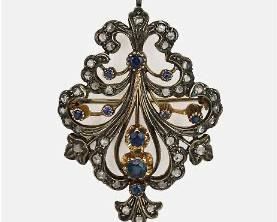Antique Victorian 18K Gold Pendant Brooch with Diamonds and Sapphires

