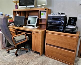 Grand office furniture. Top cabinet shelves swing out to reveal other storage. Matching file cabinets have keys. Office chairs, electronics, computer screens, and more.