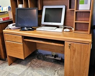 Grand office furniture. Top cabinet shelves swing out to reveal other storage. Matching file cabinets have keys. Office chairs, electronics, computer screens, and more.