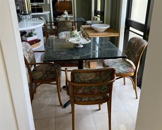 4 bamboo arm chairs and 2 matching without arms