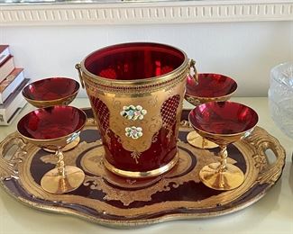 Italian enameled glasses and bucket
