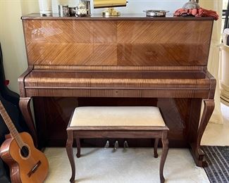 Petrof Upright Piano  asking $1,500.
inside plate :Patented construction - Grand Prix Barcelona Bruxelles Paris Diplôme D'Honneur Bruxelles 1958.  Number 458265. Based on my research it was manufactured between 1985-1990.   It is 55" long by approximately 45.5" tall.  
