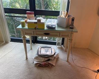Desk, Silver plate tray, candle