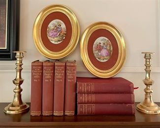 $50 - pair of oval hand painted cameos - 8x10; $30 - vintage brass candlesticks pair - 9in; $40 - History of the English People (4 vol. set); $30 - The American Revolution (3 vol. set)