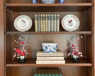 SOLD - pair of vintage porcelain blue and white vases - 8in; SOLD - blue and white porcelain - 12in; $80 - blue canton by Mottahedeh - 8.5x6.5x4.5; SOLD - pair of vintage brass eagle bookends - 4.5x3.5x7; $36 - set of 4 Birds of the World plates and stands; $80 - History of Greece from Duruy (green)(8 vol. set); $90 - “Books that Have Changed Mom’s Thinking” set by Heron’s Book  