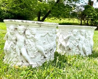 SOLD - Detailed view of cherub planters