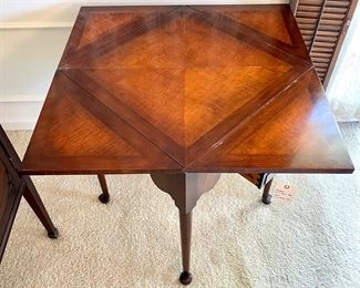 SOLD - vintage envelope card table with drawer - 22x22x30 (closed), 31.5x31.5x30 (open)