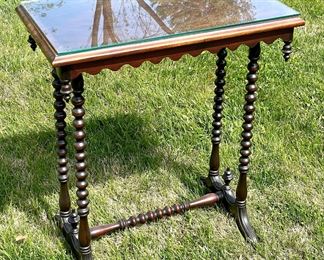 SOLD - Antique spool legged side table with finials and glass top - 25x15x29