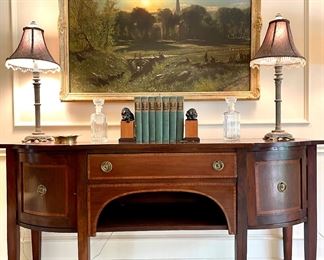 SOLD - Antique buffet with inlay - has some condition issues. 66x21x33; Artwork and lion head bookends still avail! 