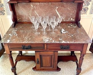 $500 - Antique Marble-Topped Dry Sink - 42x20x44; $550 - set of 12 Waterford Mooncoin white wine glasses (as is. One has a chip in the rim) 