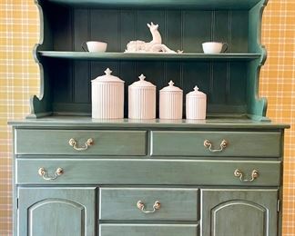 $250 - vintage sideboard hutch (2 pieces) - 48x16x71.5; SOLD- floral deer decor (made in Italy); SOLD- white cabbage bowl); $60 - porcelain soup tureen with ladle. SOLD - beautiful canister set (made in Italy). One tiny chip on the rim of the largest canister. 