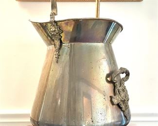 SOLD - vintage copper and brass coal scuttle bucket with porcelain handle and lions head details - 16x18