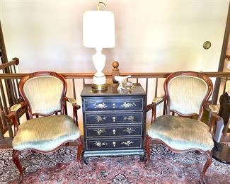 SOLD - pair of vintage French upholstered chairs; $350 -hand painted Chinoiserie chest of drawers - 24.5x14.5x28; SOLD - vintage porcelain lamp - 12dx33, RUG = SOLD