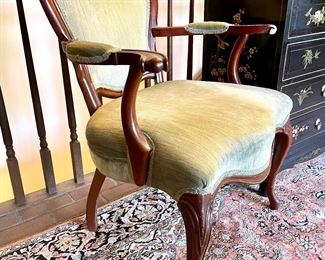 SOLD-Detailed view of vintage French chairs, RUG = SOLD