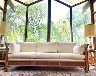 SOLD - Vintage Henry Link Wicker Sofa- 80x35x28. Wicker is Excellent condition! Cushions are comfortable and supportive. Minor spot cleaning suggested. There are a few tears on the under side of cushions. 