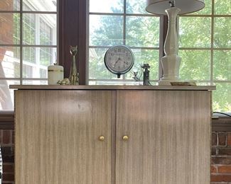 $600 - GREAT FIND! Midcentury modern laminate credenza - 44x19.5x34; SOLD - white ceramic lamp - 35in