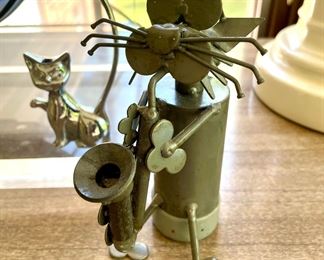 SOLD - cat playing the sax; SOLD - silver cat