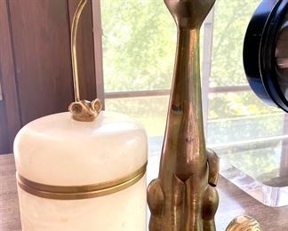 SOLD - cute white alabaster canister;  SOLD - mid century brass kitty. **Brass mouse on top is NOT attached and sold seperately. 