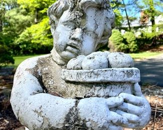 $150 - vintage painted concrete cherub with fruit basket on pedestal - 10x10x34