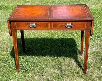 SOLD- Drop lead occasional table with leather top- 48x19x27, with leaves 32x19x27