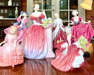 SOLD - Royal Dalton “Roseanne” in the center of pic; SOLD (each) - Royal Dalton figures - Rose, Top O the Hill, The Ermine Coat, Delight, Lydia