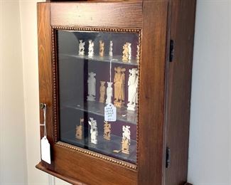 SOLD -  Antique Carved Wooden Curio Cabinet. $80. Handcarved Chess Set made of wood and bone. 