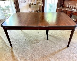 SOLD. Two-Tone Elegant Extension Table with 4 Leaves & Squared Legs & Feet. 54 x 46 x 30. Leaves: 10.5” each. With all leaves: 96 x 46 x 30.