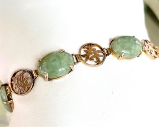 SOLD-Vintage Jade 14K Gold Plated Bracelet. This piece is marked 14K, we believe it is plated due to some of the gold wearing off. 