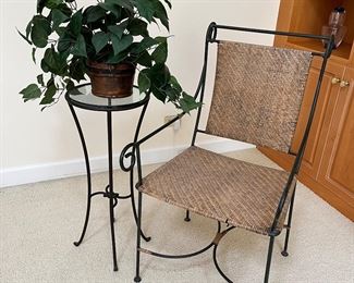 Iron and wicker chair and side table with glass