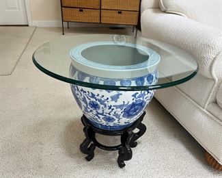 Asian planter glass topped side table