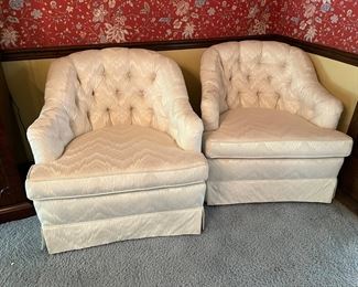 (2) white upholstered armchairs